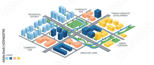 Isometric Urban Planning Illustration: Mixed-Use Development and Green Spaces
