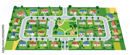 Suburban Neighborhood Aerial View with Park and Houses
