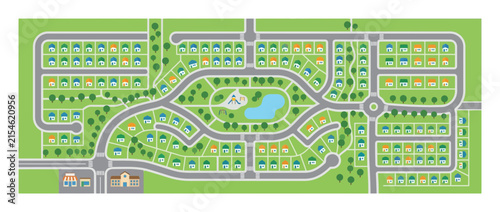 Suburban Neighborhood Map Layout with Houses, Streets, Park, and Pond