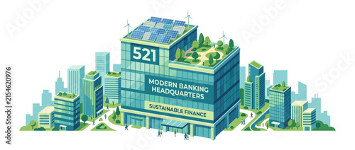 Sustainable Finance Banking Headquarters with Solar Panels and Green Roof