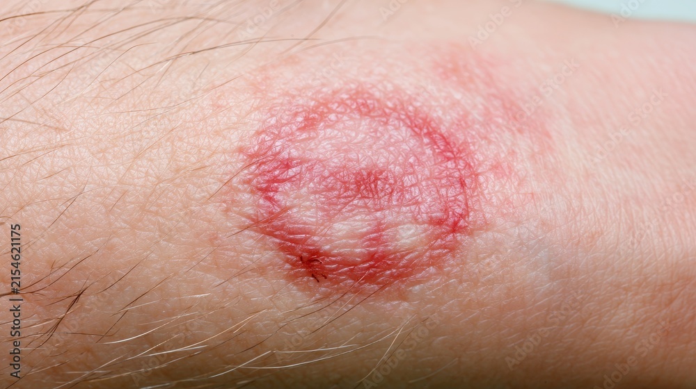 Fototapeta premium Close-up of circular red skin lesion caused by a tick bite, showing characteristic Lyme borreliosis infection rash, expanding redness, skin inflammation, and medical health concern