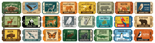 Vintage Zoo Entrance Tickets Collection with Various Animals, Isolated