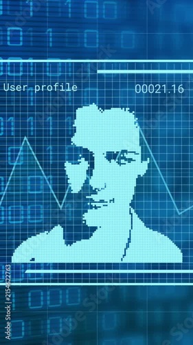 Binary code and facial recognition animation over digital profile with data points