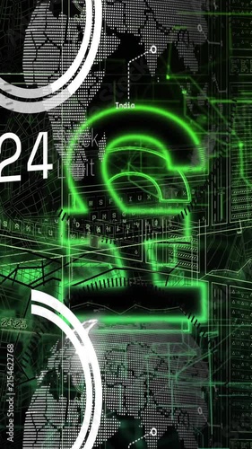 Digital security animation over green and black abstract technological background