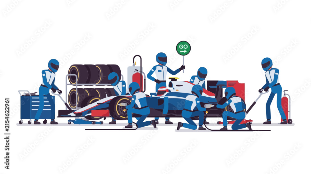 Fototapeta premium Formula 1 Pit Stop Crew Changing Tires on Race Car