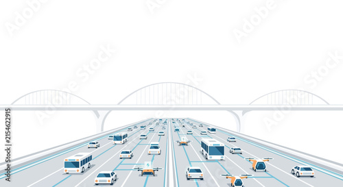 Autonomous Vehicles on Futuristic Highway with Drones and Bridge