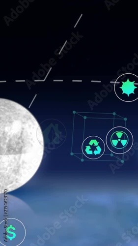 Animation of digital eco icons processing over globe and moon