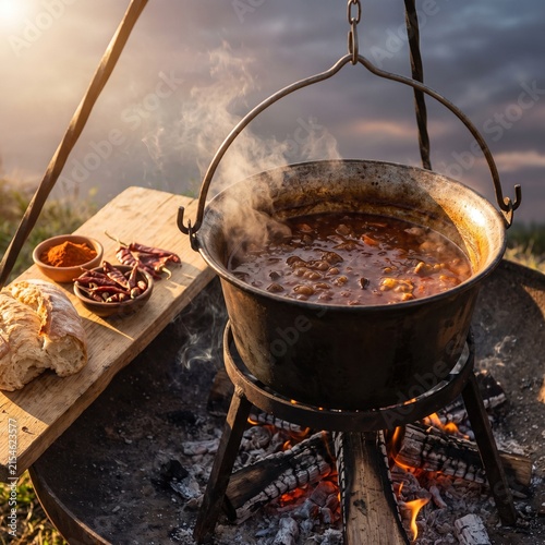 Traditional goulash cooking in a metal pot over an open campfire with campfire