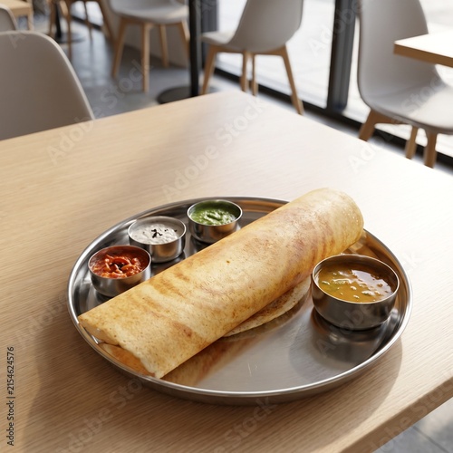 South indian masala dosa served with chutney and sambar dipping sauces, culinary