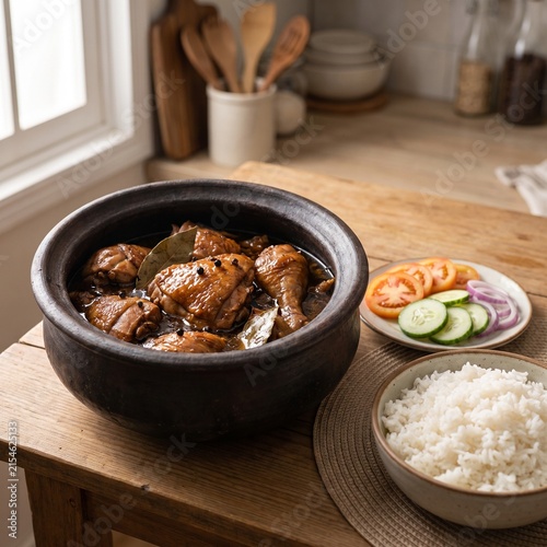 Home cooked chicken adobo in traditional clay pot with rice and vegetables