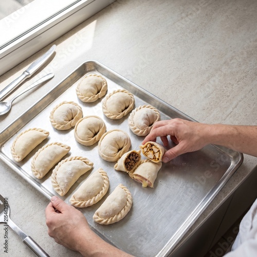 Chef preparing fresh unbaked empanadas on a metal baking tray with empanadas