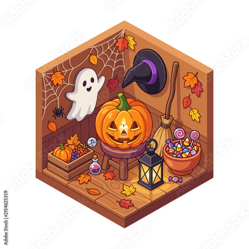 Halloween room interior features a glowing pumpkin, floating ghost, and witch decorations.