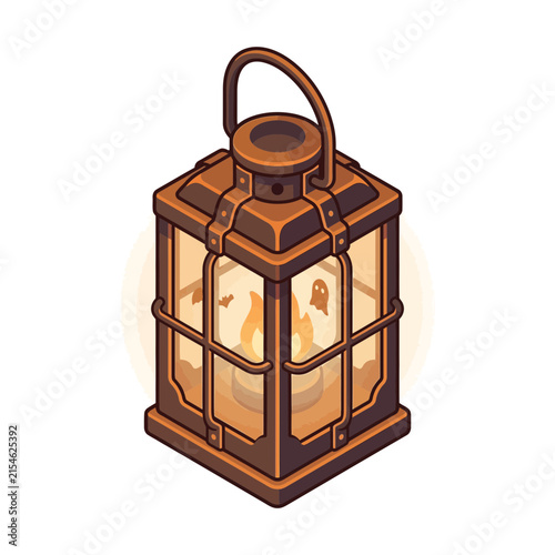 Lantern made of metal with a glowing candle flame inside stands on a white background.