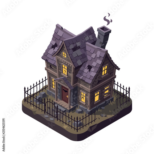 Haunted house vector illustration featured with glowing windows and a dark fence.