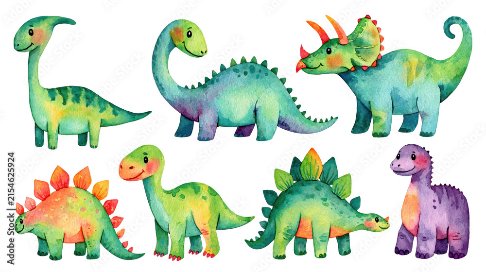 Naklejka premium Watercolor illustration of various prehistoric dinosaurs in pastel colors