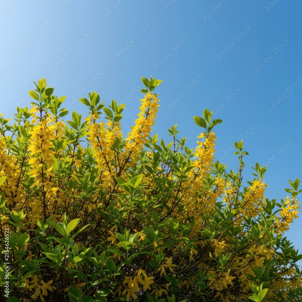 Fototapeta premium Vibrant Yellow Flowers Blooming Against a Clear Blue Sky.