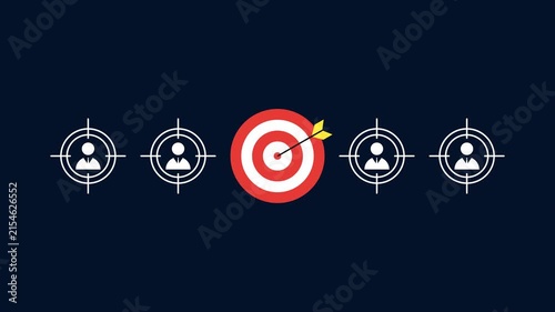 Target with dart and targeted user profile icons animation with dark background for audience segmentation