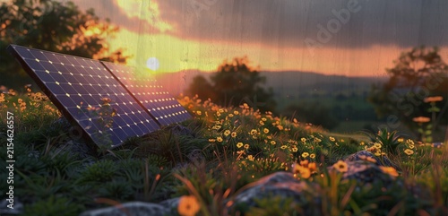 solar power station, solar panels on a green field