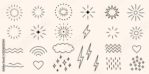Hand drawn doodle set featuring suns lightning and cloud illustrations