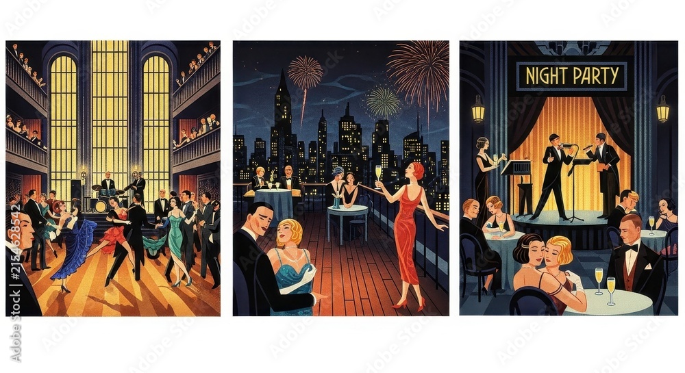 Fototapeta premium Vintage Art Deco Party Scenes with Dancing and Celebration.