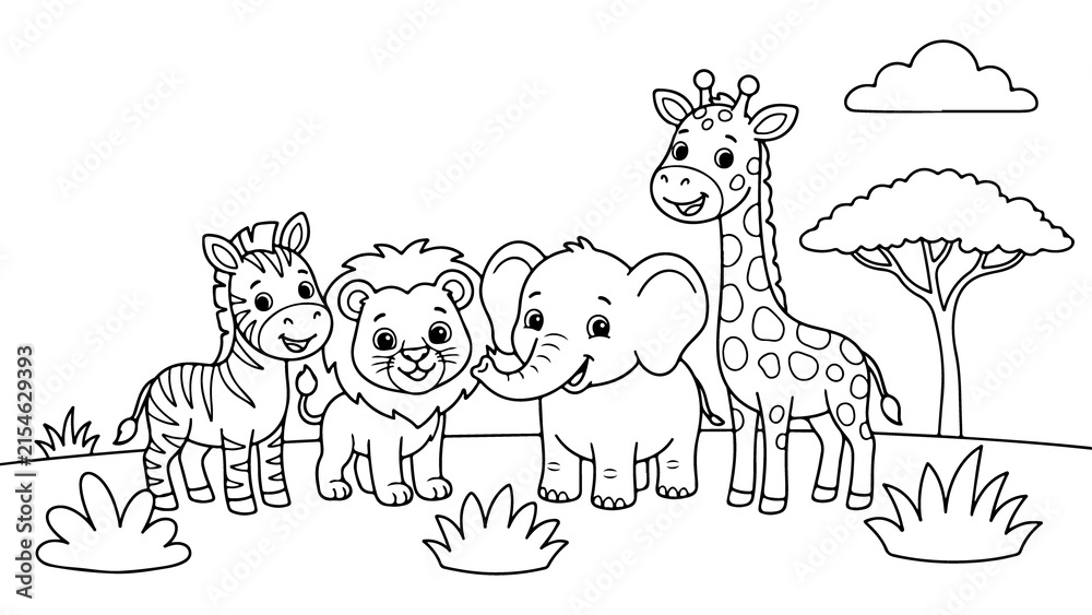 Obraz premium Cute cartoon animals standing together in a savanna setting isolated on white background