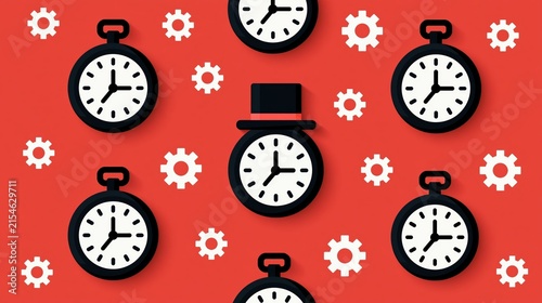 Flat pattern of clocks and gears on red background illustrating concepts of time management and mechanical efficiency