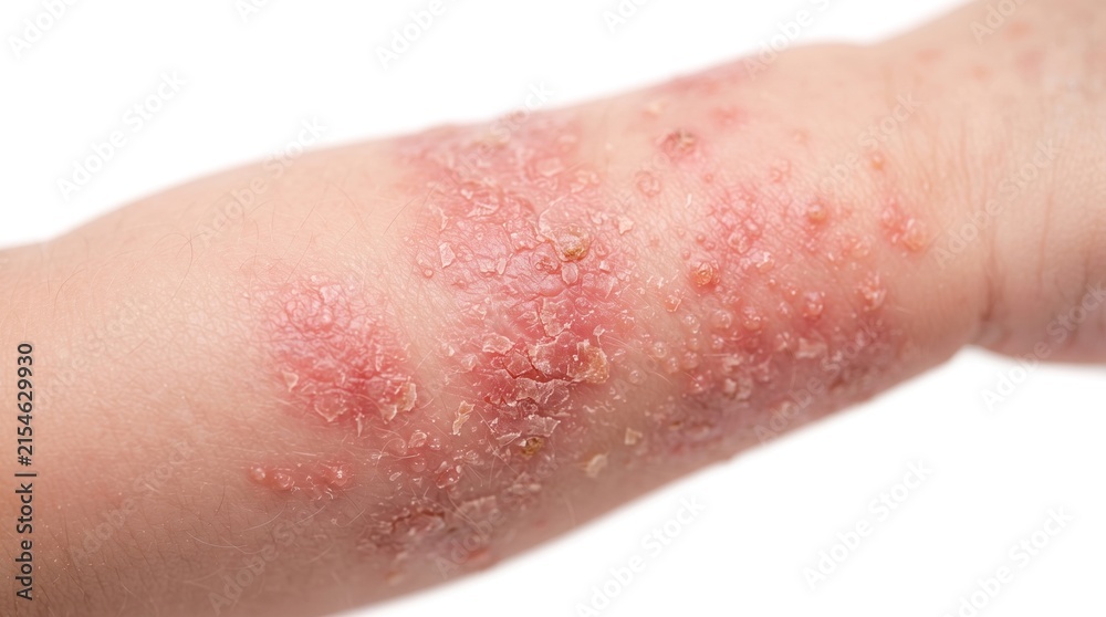 Fototapeta premium Close-up of a human arm covered in a severe blistering red rash, indicating shingles, eczema, or contact dermatitis.