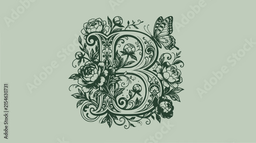 Elegant floral letter B with butterfly, vintage botanical illustration, dark green on light green background