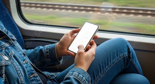 Close up of person holding a blank smartphone screen while riding a train with motion blurred tracks visible outside