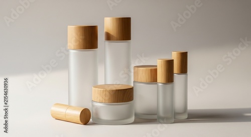 Collection of frosted glass cosmetic containers with wooden caps arranged in a minimalist composition on a neutral background