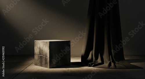 Cracked Stone Cube Pedestal with Hanging Fabric Draped on Concrete Floor in Minimalist Spotlight Studio Setting