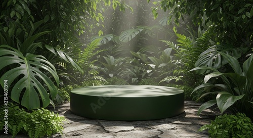 Dark Green Cylindrical Podium Platform Display for Product Presentation in a Lush Tropical Jungle with Natural Sunlight