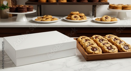 Delicious Chocolate Chip Cookies Arranged on a Wooden Tray Beside an Empty White Gift Box on a Marble Kitchen Countertop Surface