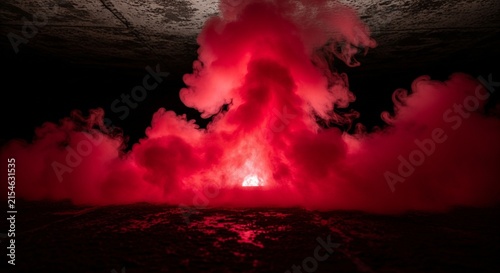 Dense vibrant red smoke swirling intensely in a dark industrial space with a glowing light source at center for dramatic background