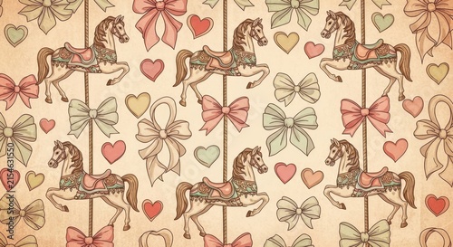 Vintage Carousel Horses and Bows Pattern.