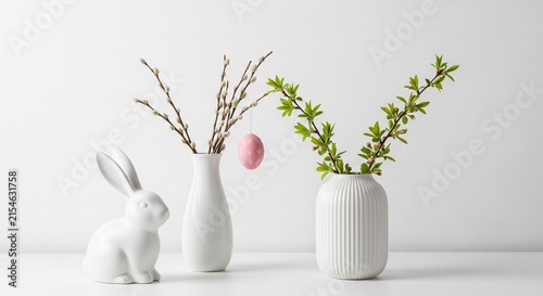 Easter celebration tabletop composition with a minimalist white rabbit figurine, pussy willow branches, and a decorated pink egg
