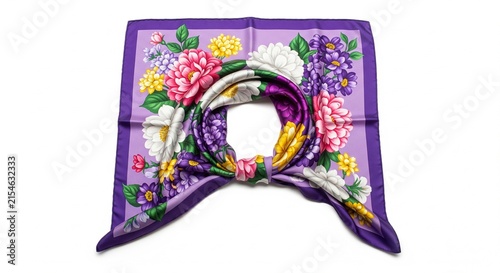 Elegant purple silk scarf with vibrant floral pattern folded in a central knot isolated on a clean white background for fashion accessories