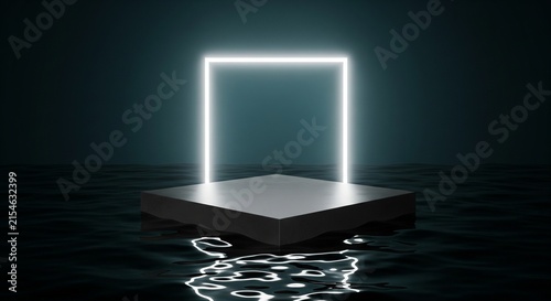 Empty 3D display pedestal floating on dark rippled water with a glowing white neon square frame for product presentation