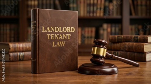Professional legal composition of landlord tenant law books and a gavel for property management concepts.