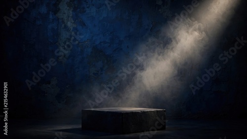 Spotlight Illuminating Empty Stage Podium with Dramatic Smoke Effect.