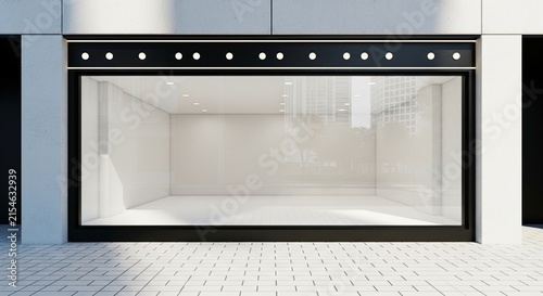 Empty Commercial Storefront Window Display with Modern Minimalist Design and Neutral White Lighting for Retail Branding