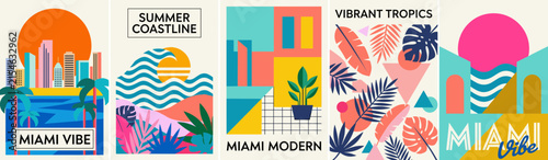 Retro Miami Vibe poster collection, vibrant tropical summer coastline illustrations, 5 modern geometric vector art prints