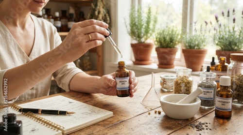 Alternative medicine preparation featuring homeopathic tinctures and natural ingredients in a sunny workspace.