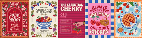 Vintage cherry fruit poster collection, retro food festival flyers, botanical cherry blossom illustrations, 5 vector layouts