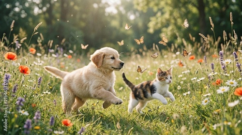 Fluffy golden retriever puppy playing outdoors during golden hour light, joyful canine energy in a grassy meadow setting, perfect for heartwarming pet content or nature themed videos