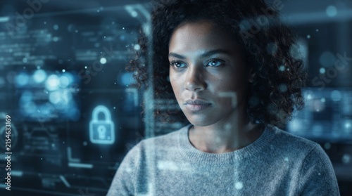Cybersecurity concept showing a woman behind a digital security interface with a padlock.