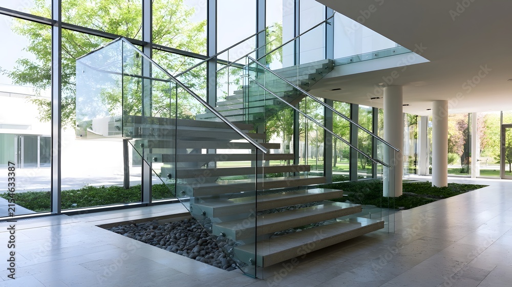 Fototapeta premium A modern glass staircase with metal railings inside a bright building featuring large and stone flooring