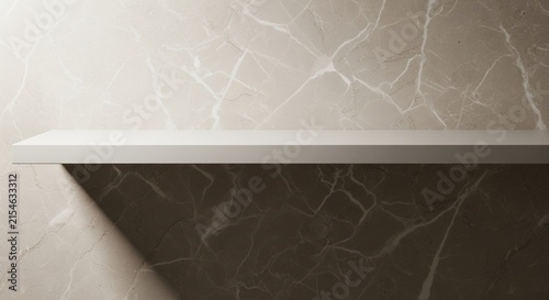 Empty Modern Wall Shelf Against Beige Marble Texture Background 3D Render Interior Design Display Platform