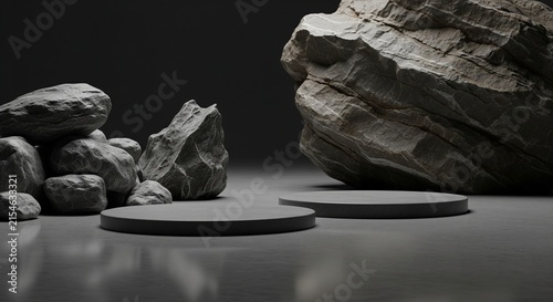 Empty minimalist product display podiums with natural stone rocks on a dark grey background for cosmetic luxury branding