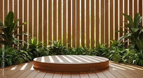 Empty Round Wooden Podium Platform for Product Display with Tropical Plants and Vertical Slatted Wood Wall Background